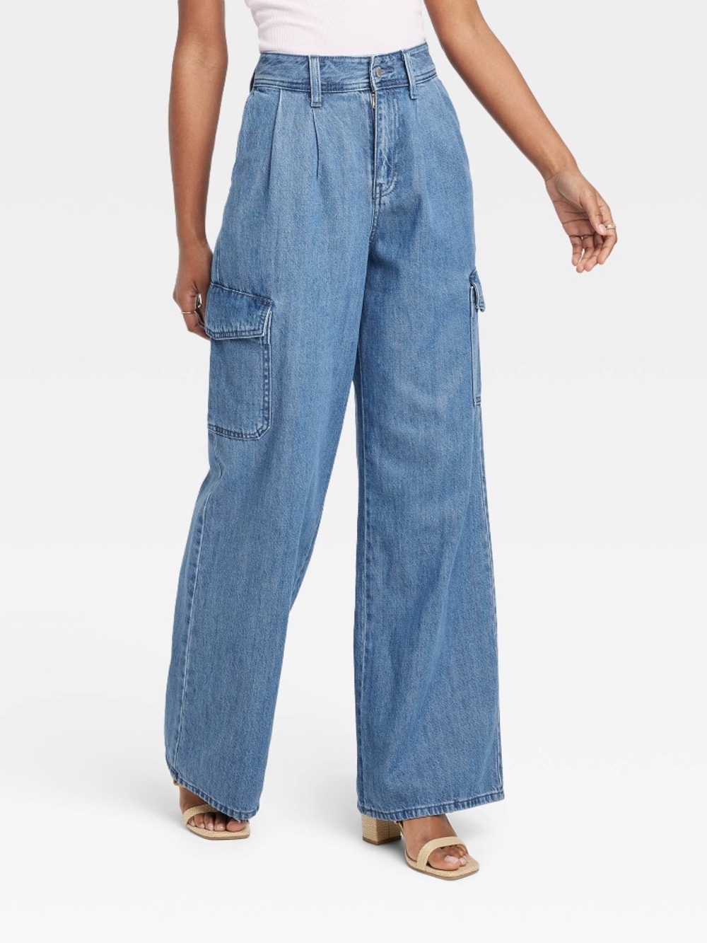 Wide Leg Denim Cargo Trousers - Medium Wash 00